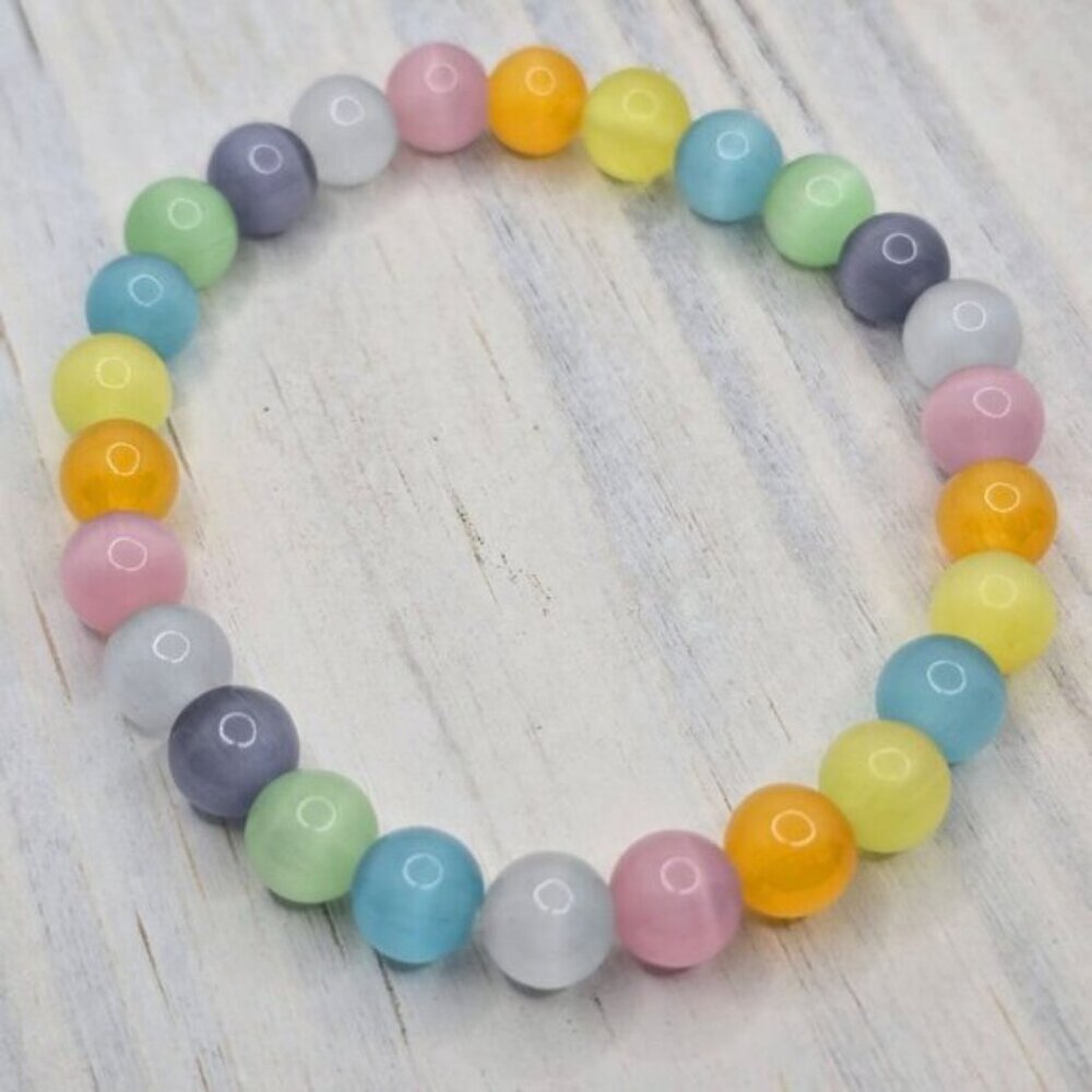 Handmade ✦ Multicolor Cats Eye Bracelet ✦ 8mm Polished Beads StretchFit NWT